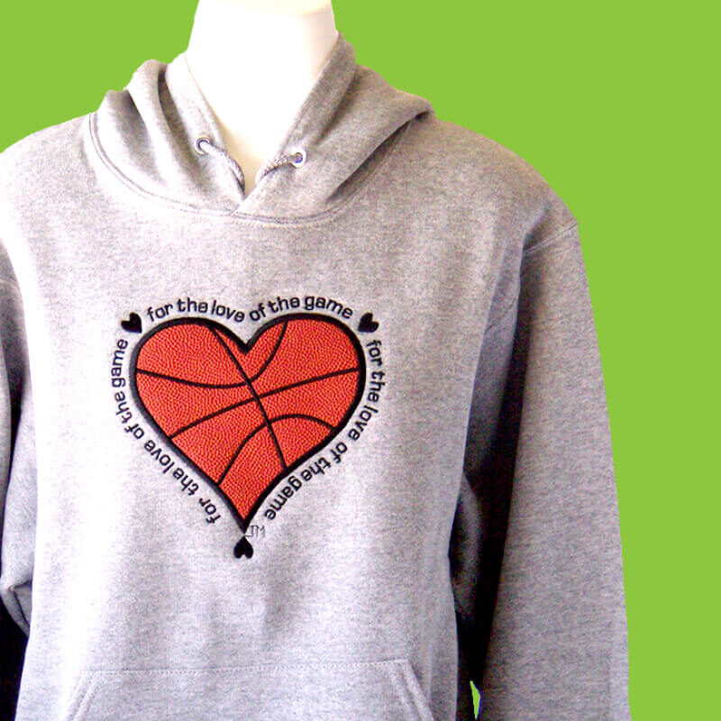 Gray hooded sweatshirt embroidered with a heart basketball and the words "For the Love of the Game"