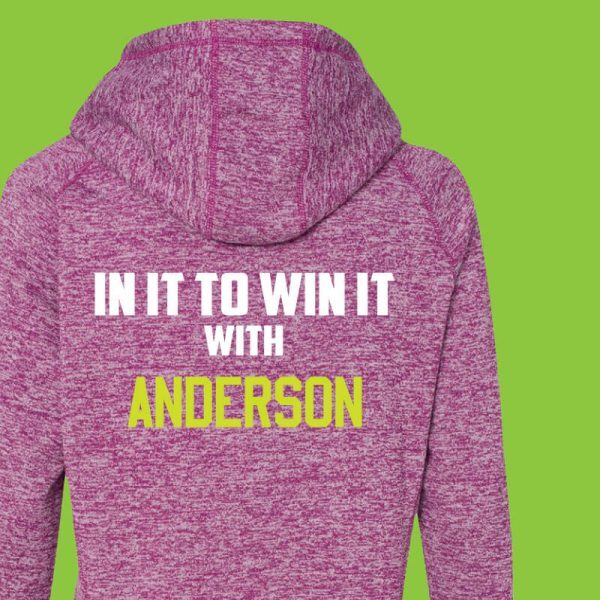Pink and neon yellow hoodie with fan of message and player name printed in matching yellow and white