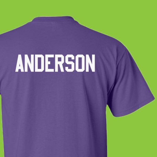 Purple t-shirt personalized with the name "Anderson" in white letters