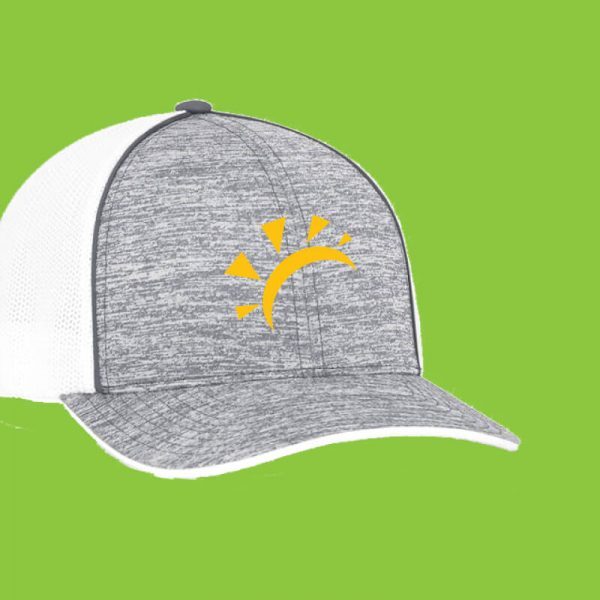 Grey and white baseball cap embroidered with corporate logo
