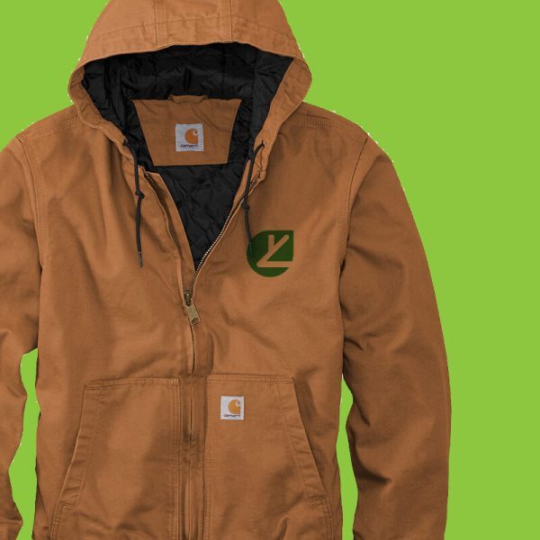Heavy winter jacket adorned with corporate logo