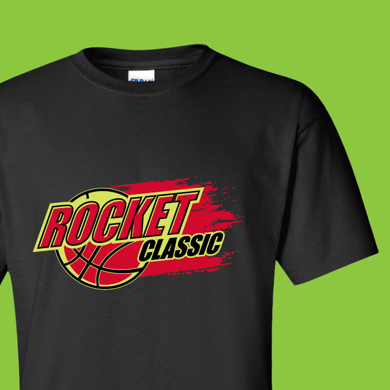 Black t-shirt printed with a basketball tournament logo in red and yellow
