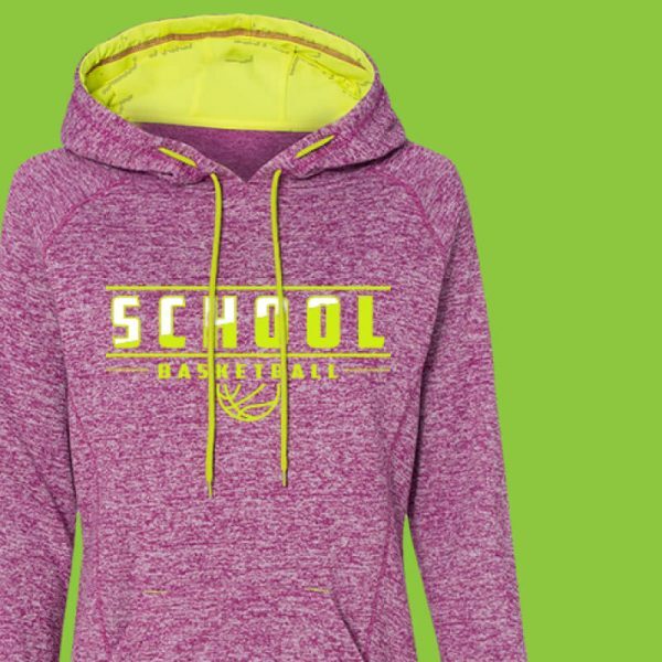 Pink and neon yellow hoodie with basketball logo printed in matching yellow and white